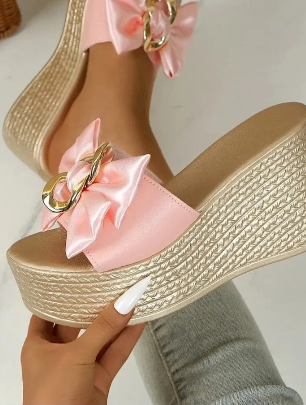 Gold Chain Oversized Bow Platform Open Toe Shoes Slip On Coquette Sandals Pink